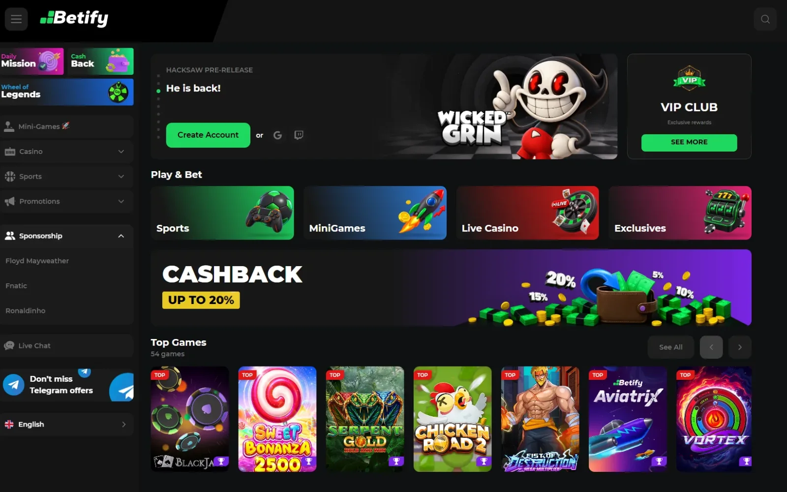 Interface officielle de Betify Casino en 2026 présentant le hall des machines à sous, les filtres de studios et les rubriques en direct