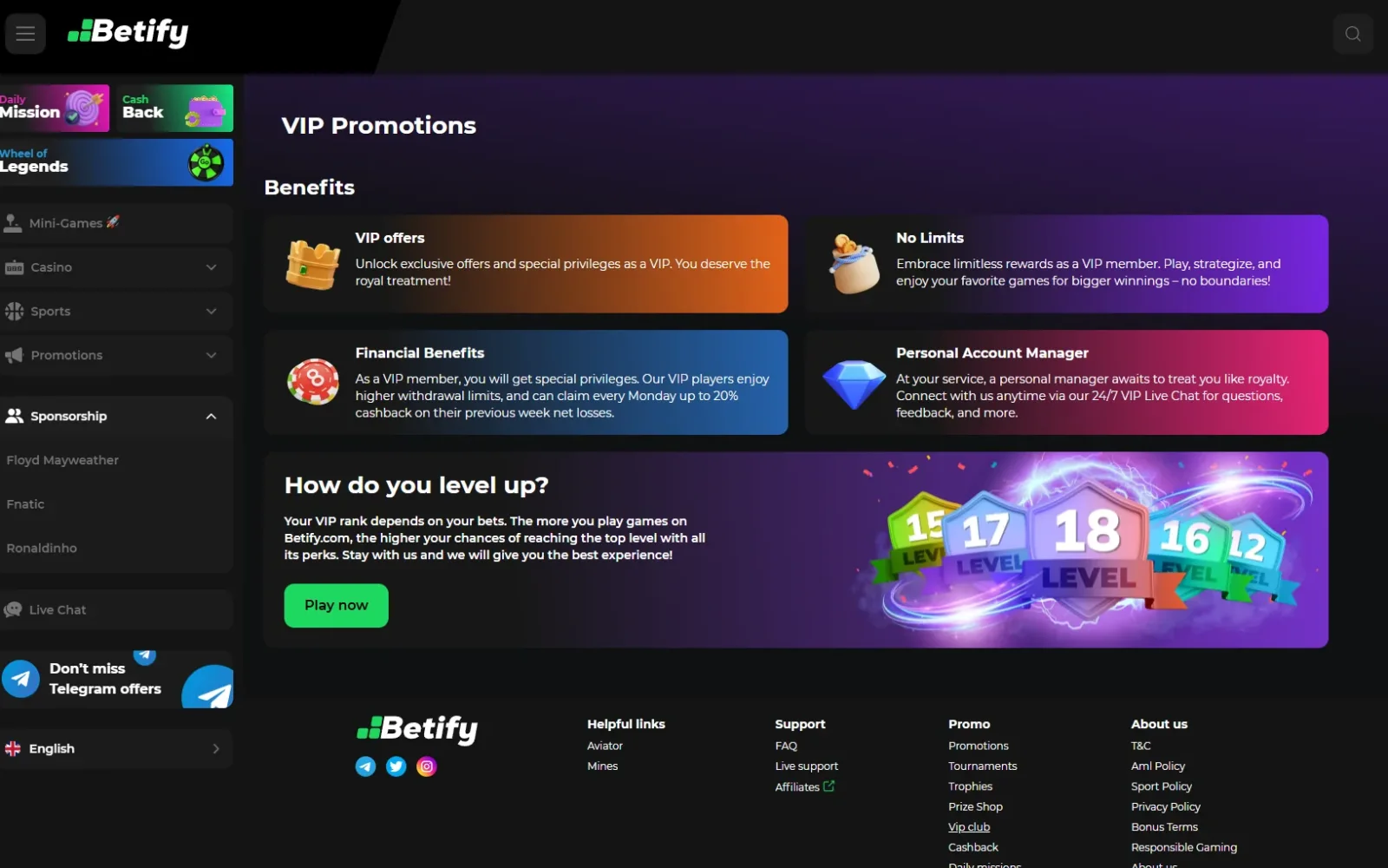 Club VIP Betify Casino structuré en 18 paliers numérotés avec remboursement cashback hebdomadaire jusqu’à 20 %