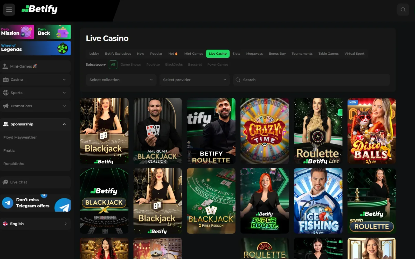 Salon Live Casino Betify réunissant plus de 280 tables de roulette, blackjack et jeux télévisés Evolution Gaming en haute définition